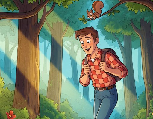 A man is walking through the woods