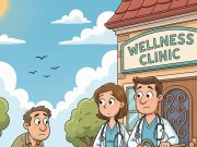 Two doctors are in front of their clinic