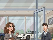 A young woman walks into a prestige car sales room.